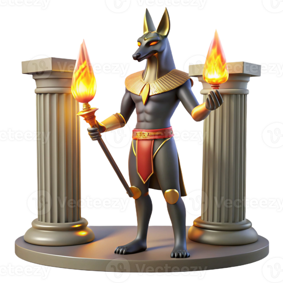 vibrant classic A cunning Anubis with the head of a jackal, weighing the heart of a soul against the feather of Ma'at, in the Hall of Two Truths, lit by torches, in an ancient Egyptian style 4K png