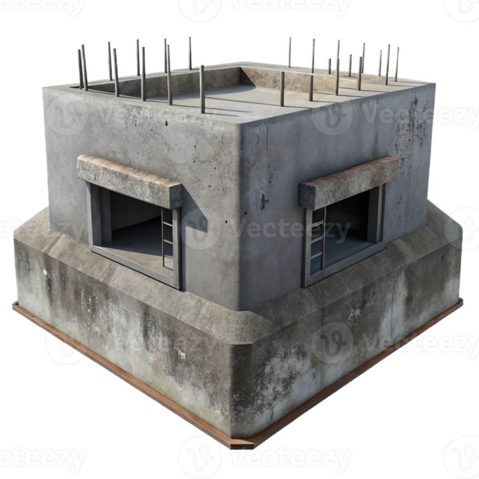 beautiful modern Brutalist concrete bunker, exposed rebar, overcast lighting, dystopian style high quality png