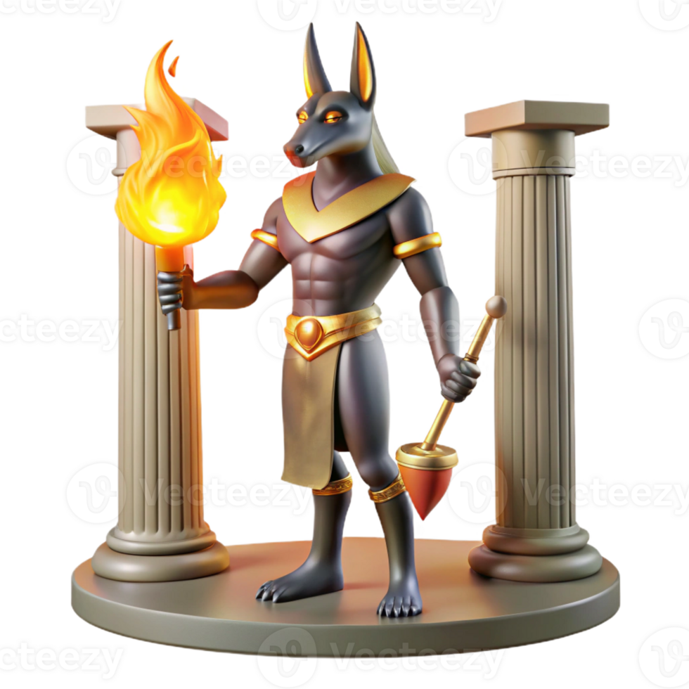 elegant abstract A cunning Anubis with the head of a jackal, weighing the heart of a soul against the feather of Ma'at, in the Hall of Two Truths, lit by torches, in an ancient Egyptian style premium png