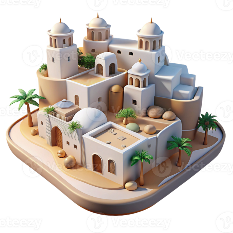 vibrant classic Desert oasis city, whitewashed buildings, harsh midday sun, Middle Eastern style high resolution png