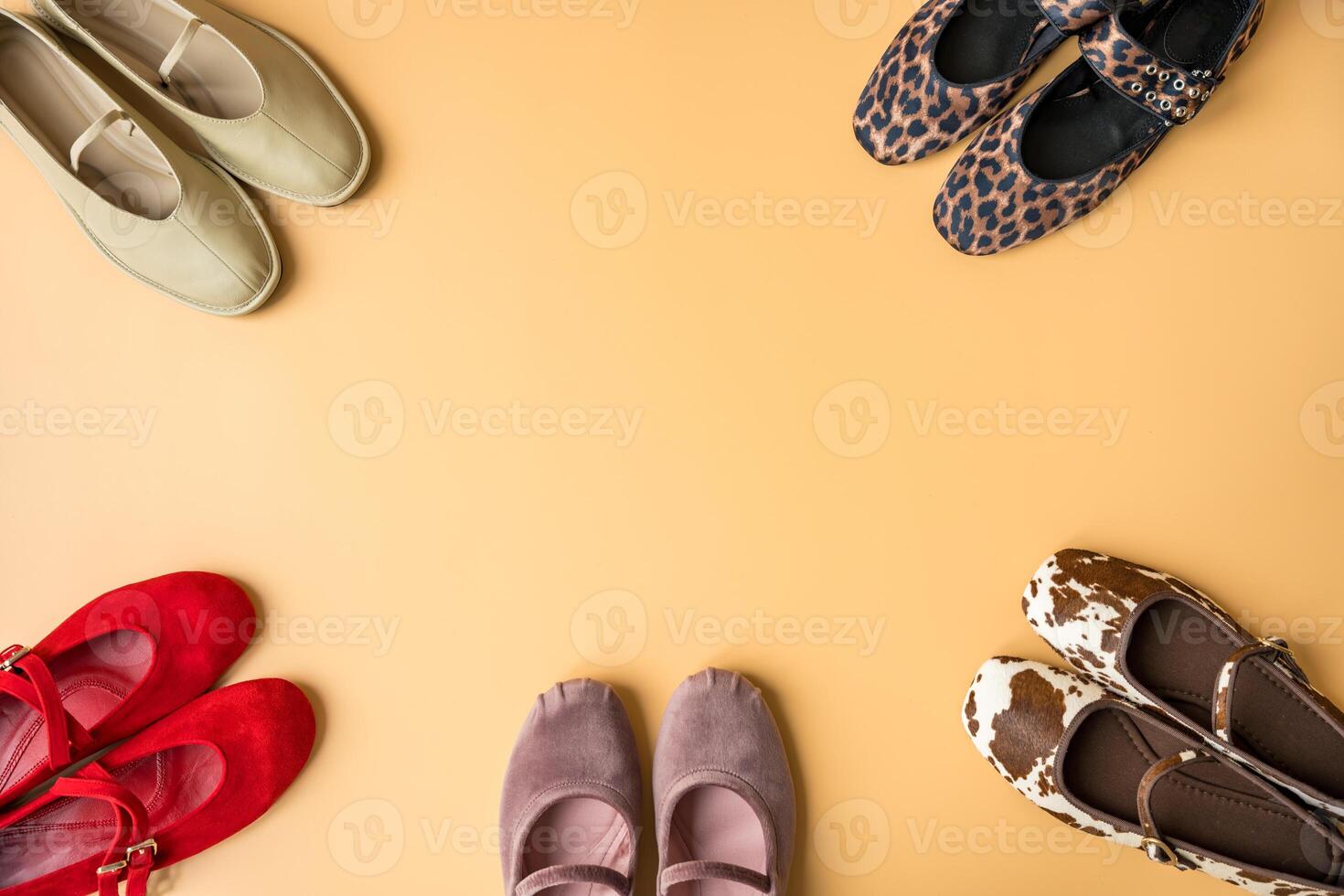 Assorted spring fashion ballet flats in vibrant and neutral tones with copy space. photo