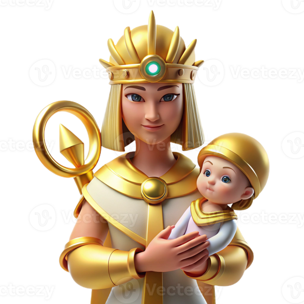 vibrant rustic A benevolent Isis with a golden headdress, holding the infant Horus, bathed in a warm, golden light, in a serene, Egyptian Revival style premium png