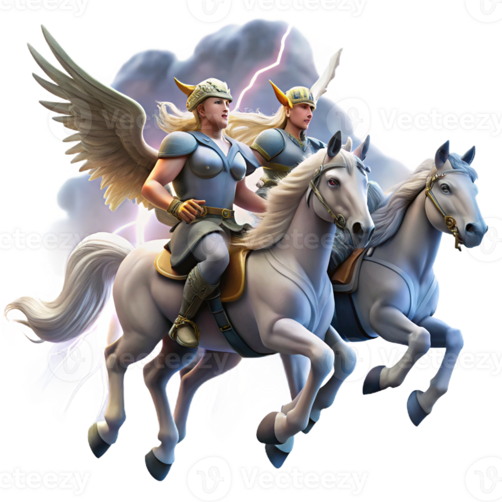 serene creative A group of Valkyries riding winged horses, carrying fallen warriors to Valhalla, under a stormy sky, lit by lightning, in a dramatic, Norse mythology style high quality png