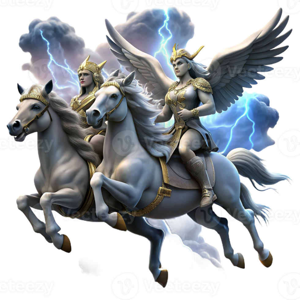 serene abstract A group of Valkyries riding winged horses, carrying fallen warriors to Valhalla, under a stormy sky, lit by lightning, in a dramatic, Norse mythology style authentic png