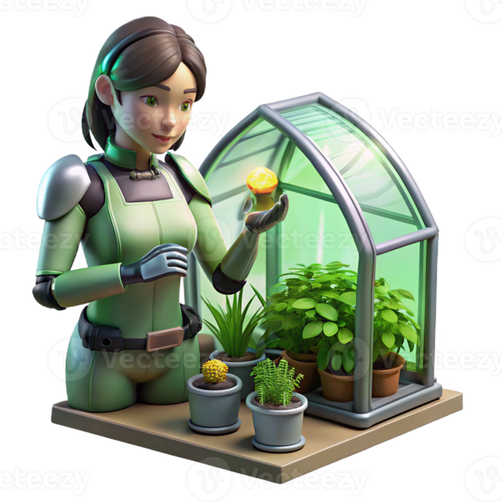 elegant artistic A young woman with cybernetic enhancements tends to a small garden within a crumbling greenhouse, hopeful, soft green light, cyberpunk, detailed professional png