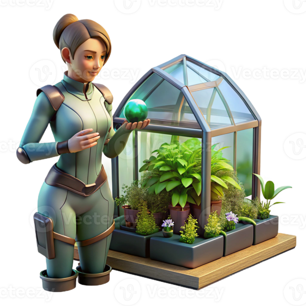 beautiful artistic A young woman with cybernetic enhancements tends to a small garden within a crumbling greenhouse, hopeful, soft green light, cyberpunk, detailed professional png