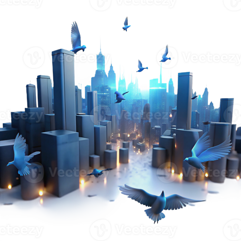 wonderful vintage A flock of bioluminescent birds flies over a desolate cityscape at dusk, ethereal, surreal, soft lighting exclusive png