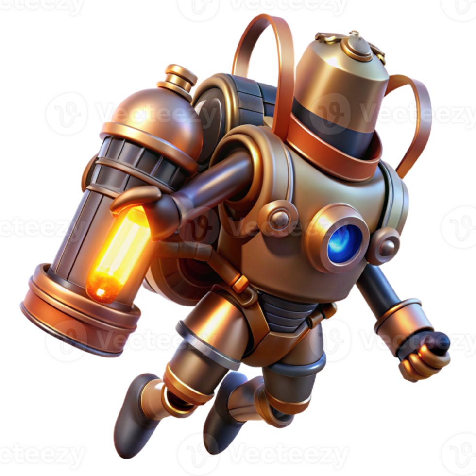 wonderful abstract A steampunk jetpack with copper pipes and glowing thrusters, dynamic pose, action lighting, concept art detailed png