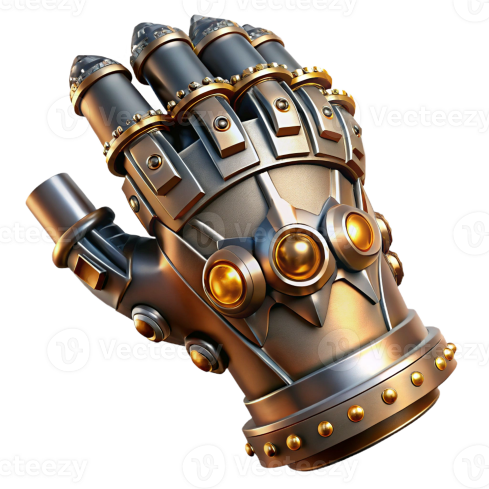 extraordinary rustic A steampunk gauntlet with intricate gears, pistons, and sharp claws, metallic reflections, dramatic lighting premium png
