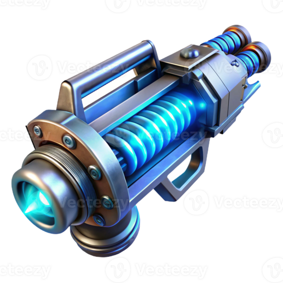 wonderful classic A futuristic weapon, intricately designed with glowing energy coils and etched metal, illuminated by a cool blue light. Style concept art premium png