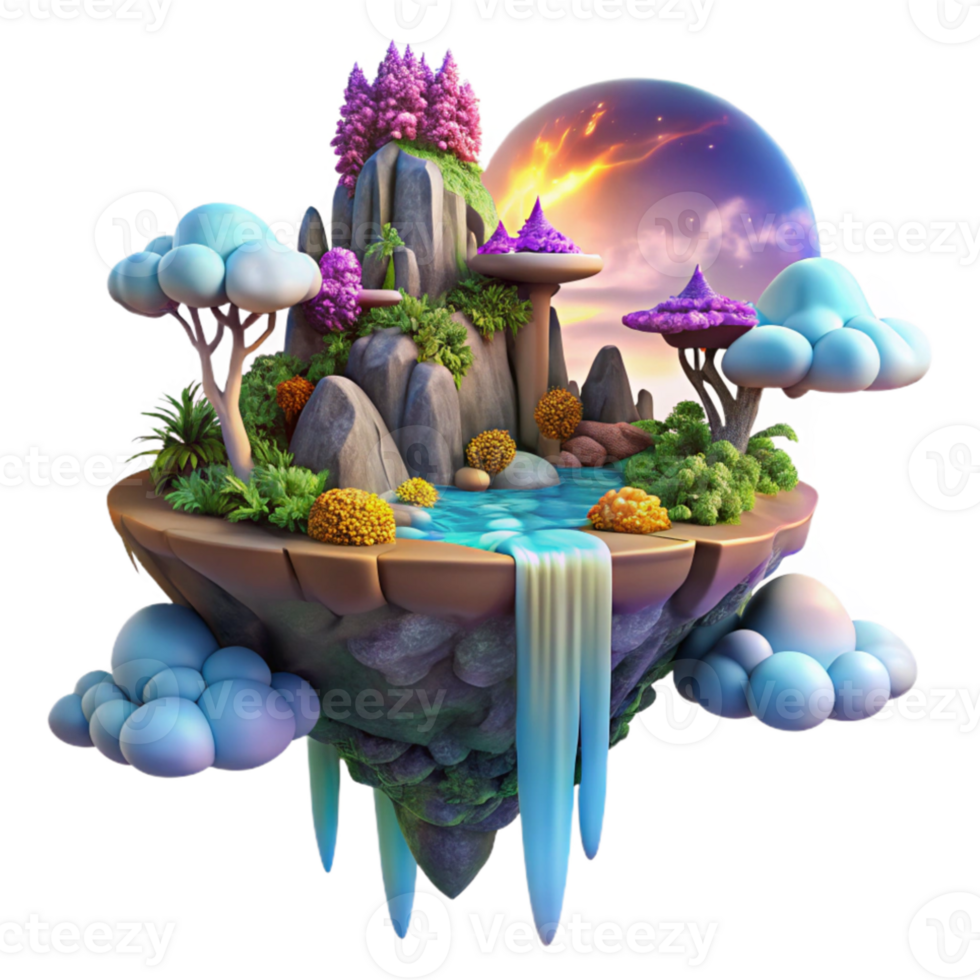wonderful vintage A floating island in a vibrant alien sky, covered in exotic flora and waterfalls cascading into the clouds below. Lit by a binary sunset. Style fantasy art high resolution png