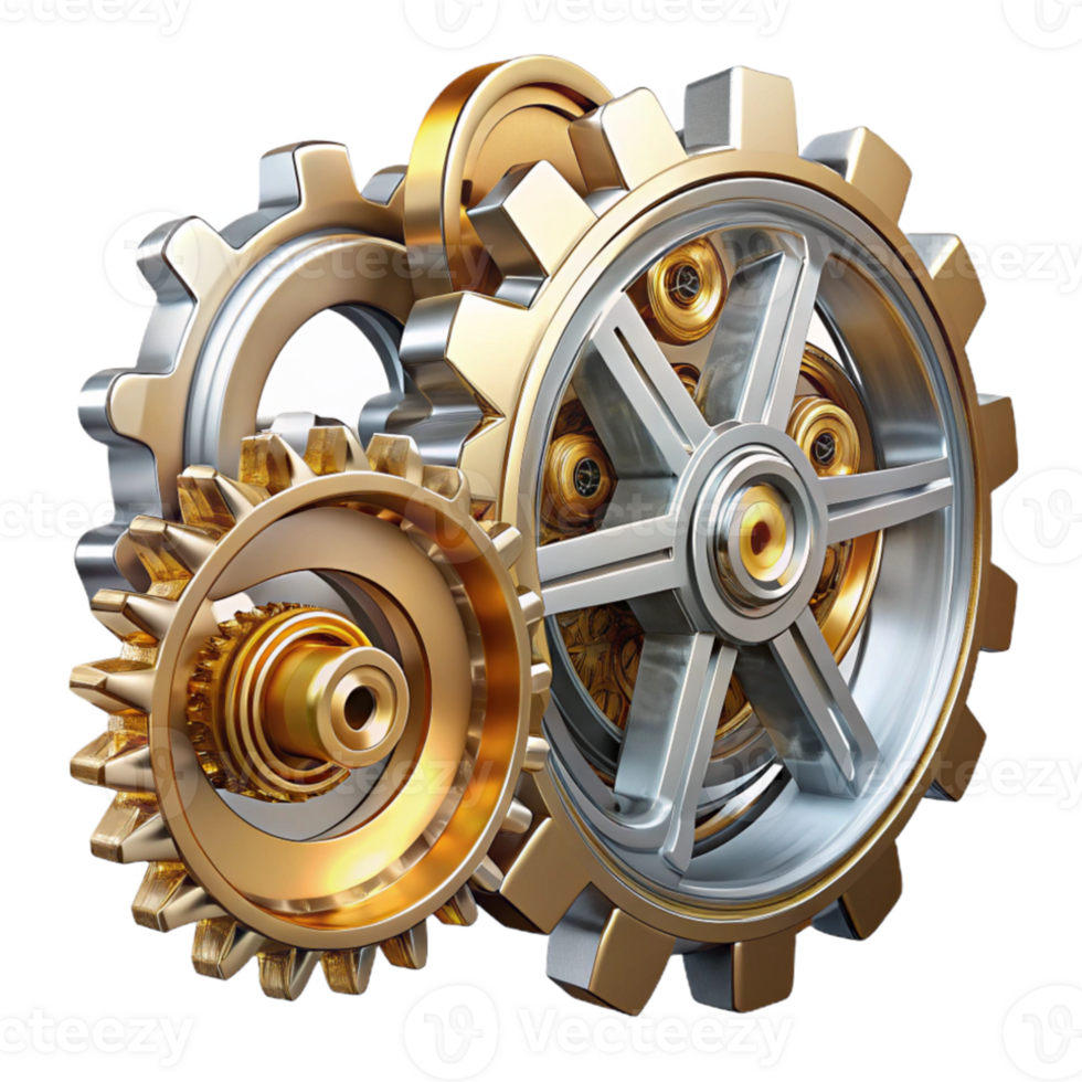 wonderful minimalist Steampunk gears interconnected, intricate clockwork mechanism, metallic reflections, studio lighting 4K png