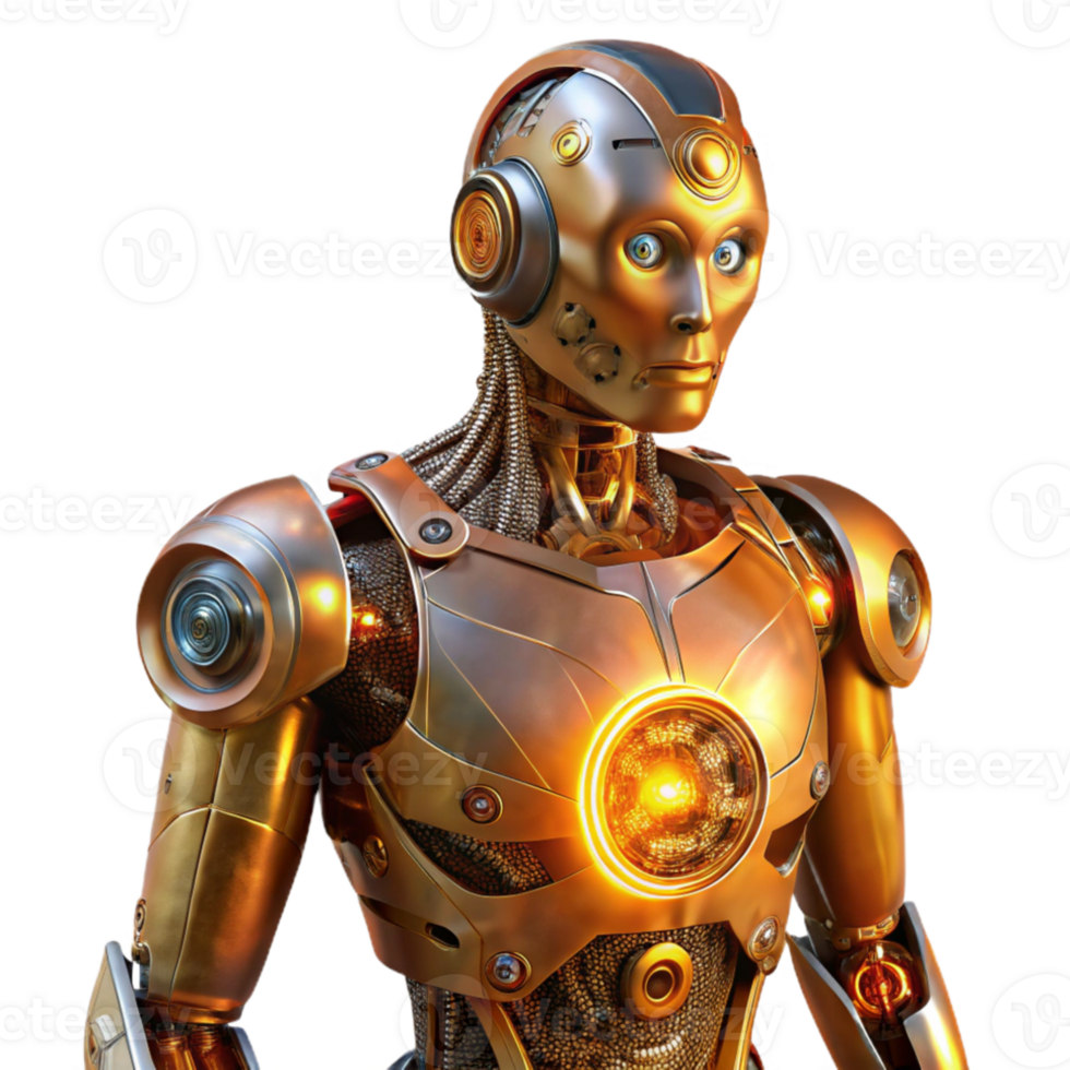 elegant artistic A humanoid robot with intricate clockwork mechanisms visible beneath its transparent skin, illuminated by warm, steampunk-inspired lighting. Style Steampunk premium png