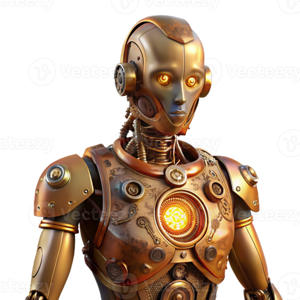 elegant classic A humanoid robot with intricate clockwork mechanisms visible beneath its transparent skin, illuminated by warm, steampunk-inspired lighting. Style Steampunk genuine png