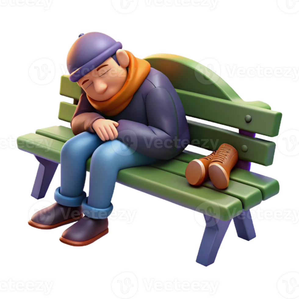 magnificent rustic A homeless person sleeping on a park bench, night, dim lighting, social commentary style authentic png