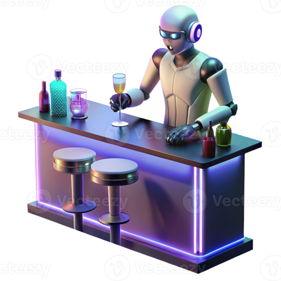 dramatic rustic A robotic bartender polishing glasses in a neon-lit bar, with holographic patrons conversing in the background. Cyberpunk, low-key lighting, realistic high resolution png