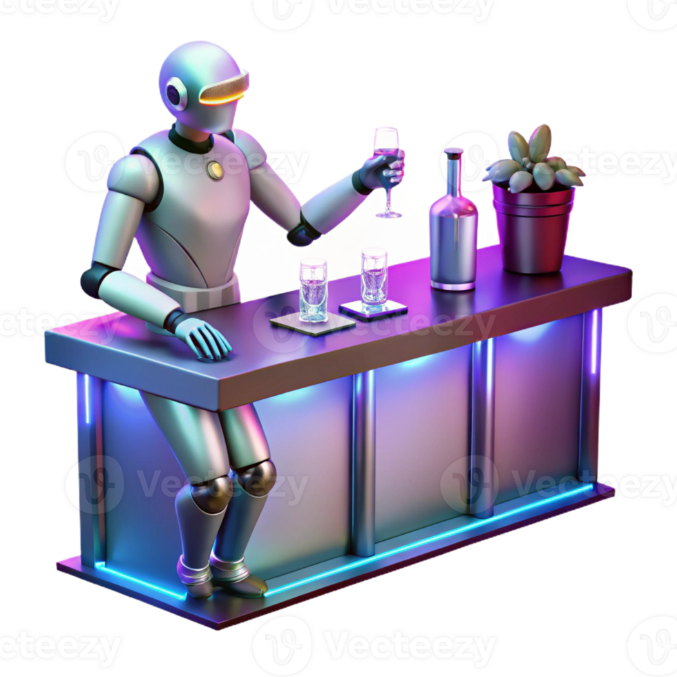 vibrant creative A robotic bartender polishing glasses in a neon-lit bar, with holographic patrons conversing in the background. Cyberpunk, low-key lighting, realistic high quality png