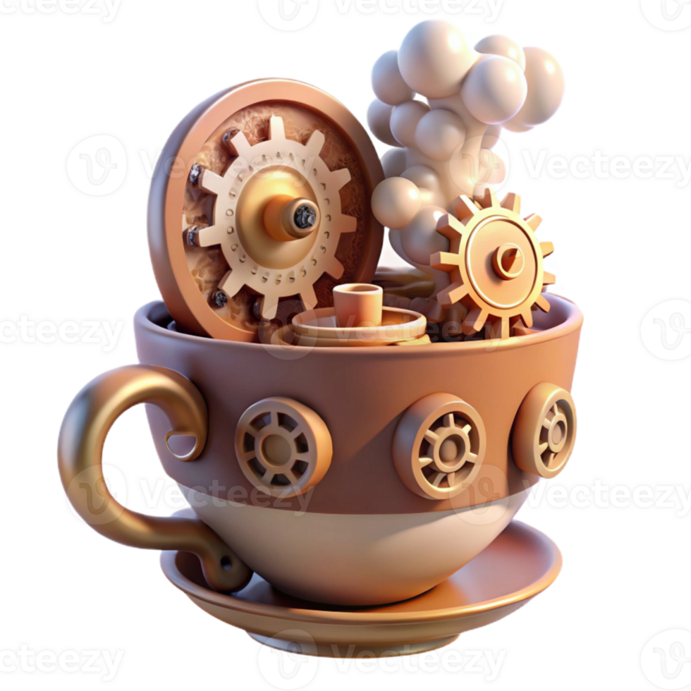 magnificent artistic A whimsical steampunk teacup, overflowing with gears and cogs, steam rising, lit by a soft, diffused light genuine png