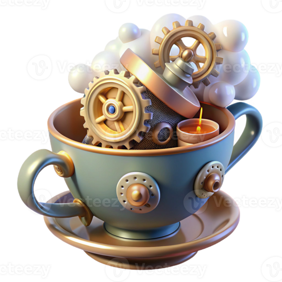 extraordinary minimalist A whimsical steampunk teacup, overflowing with gears and cogs, steam rising, lit by a soft, diffused light authentic png