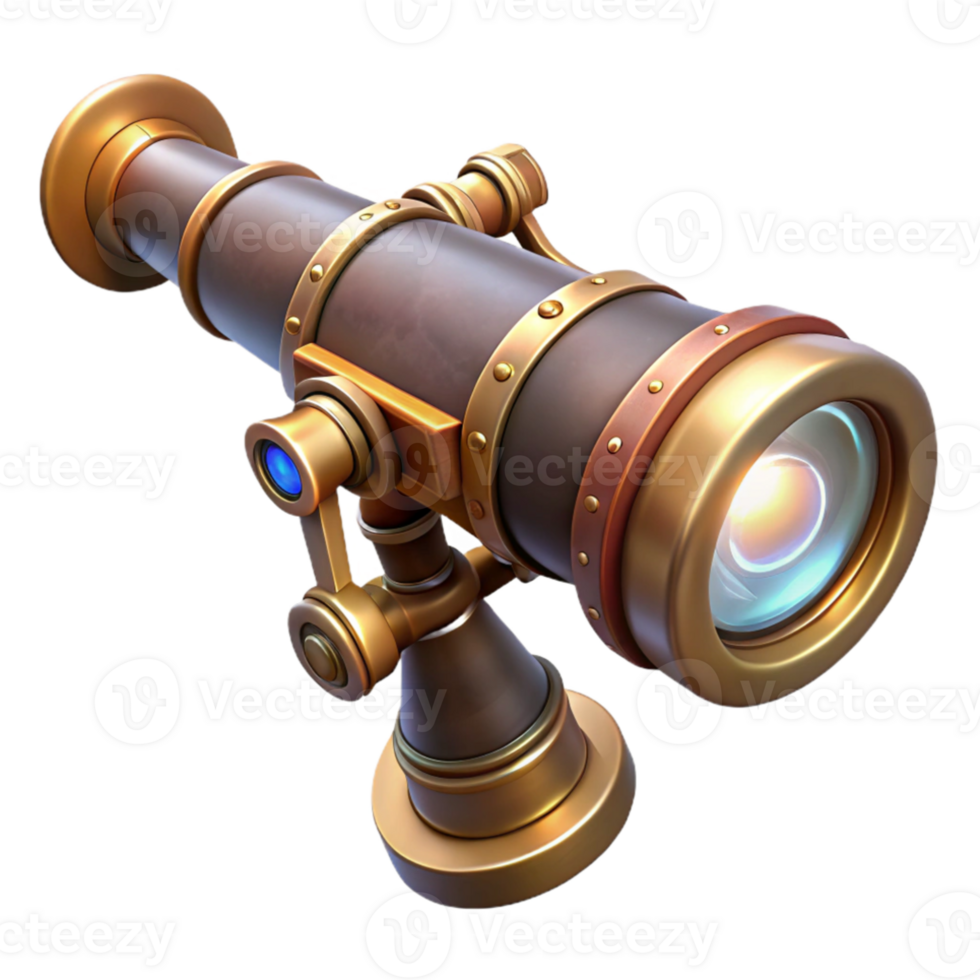 extraordinary contemporary A detailed steampunk telescope with brass and copper accents, pointed towards a celestial body, lit by a dim, starlight high resolution png