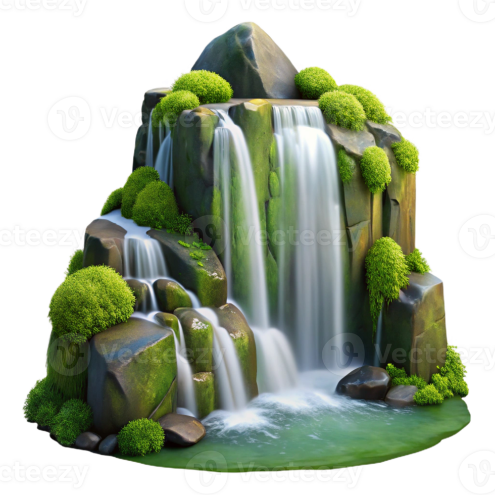 magnificent modern A cascading waterfall flowing over smooth, moss-covered rocks, long exposure photography, serene atmosphere high quality png