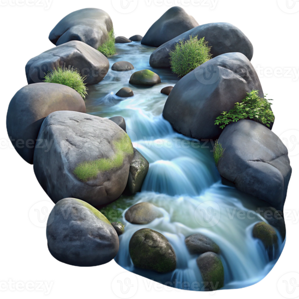 elegant modern A babbling brook flowing over rocks, long exposure photography, natural lighting authentic png