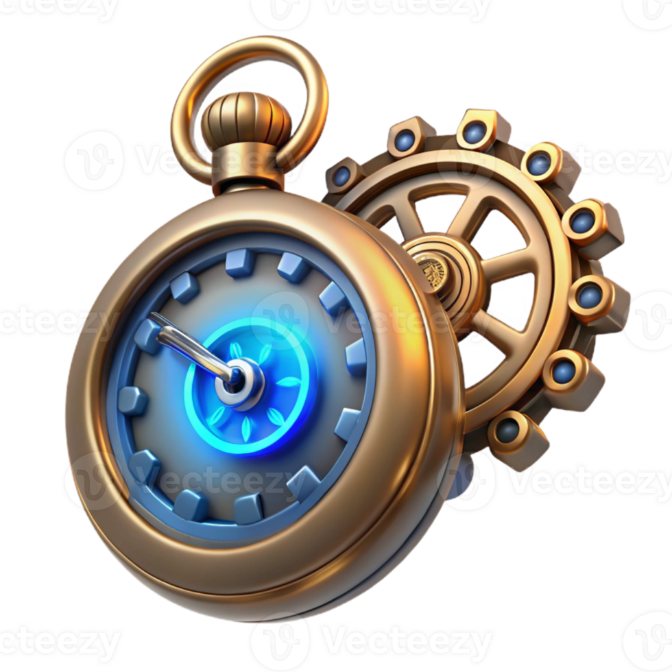 wonderful contemporary A steampunk pocket watch, intricate gears and cogs, roman numerals, glowing blue energy core, close-up, ray tracing, octane render professional png