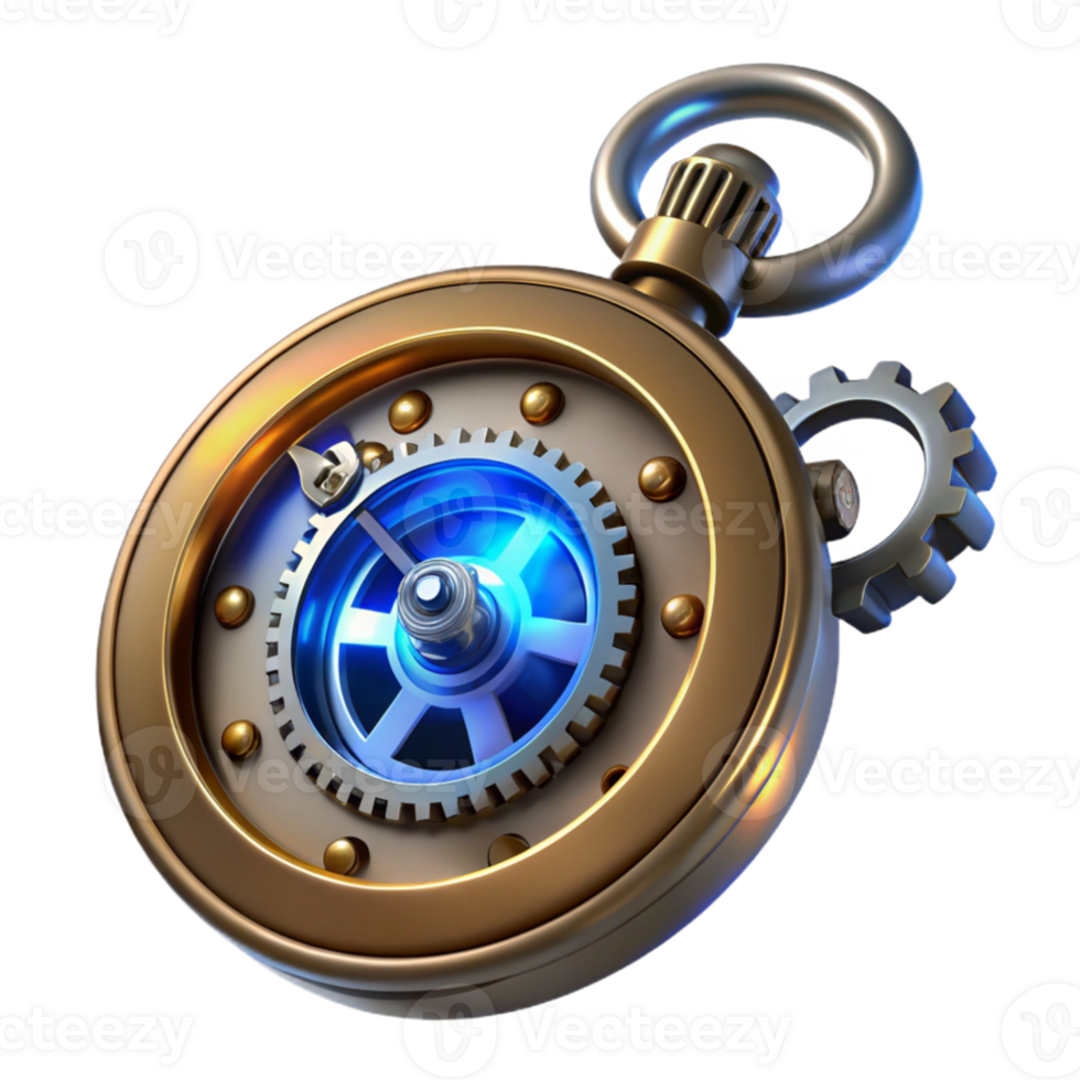 beautiful modern A steampunk pocket watch, intricate gears and cogs, roman numerals, glowing blue energy core, close-up, ray tracing, octane render high resolution png