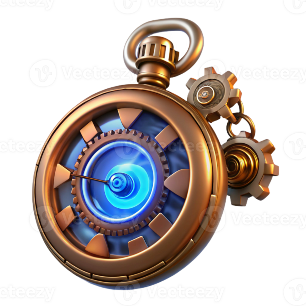 stunning artistic A steampunk pocket watch, intricate gears and cogs, roman numerals, glowing blue energy core, close-up, ray tracing, octane render high quality png