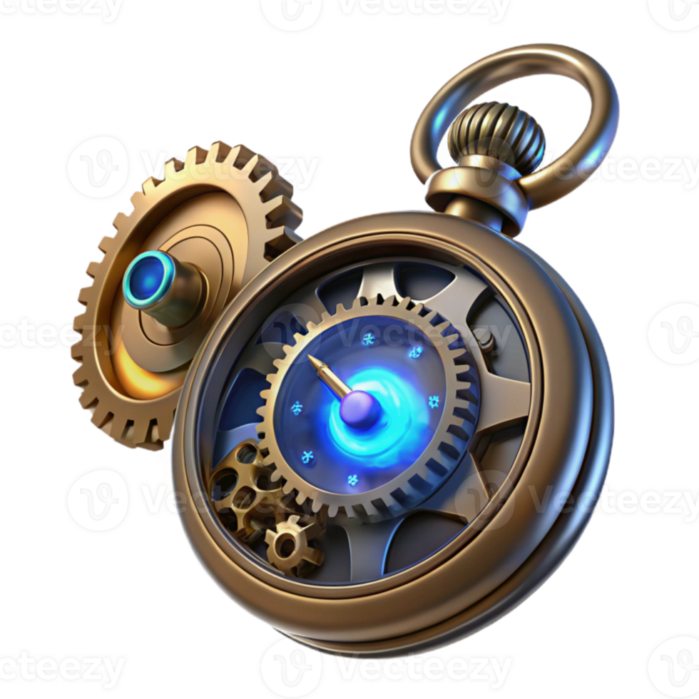 extraordinary modern A steampunk pocket watch, intricate gears and cogs, roman numerals, glowing blue energy core, close-up, ray tracing, octane render genuine png