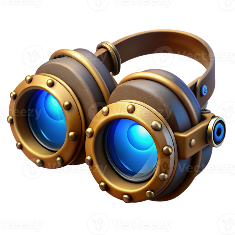 impressive modern A steampunk goggles, intricate lenses and gears, leather straps, glowing blue lenses, detailed, photorealistic style high quality png