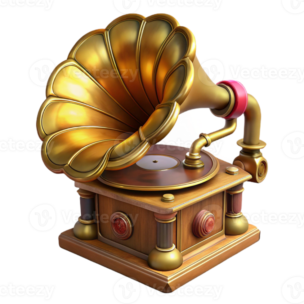 magnificent classic A steampunk gramophone, ornate brass horn, intricate clockwork mechanism, spinning vinyl record, warm lighting, vintage style professional png