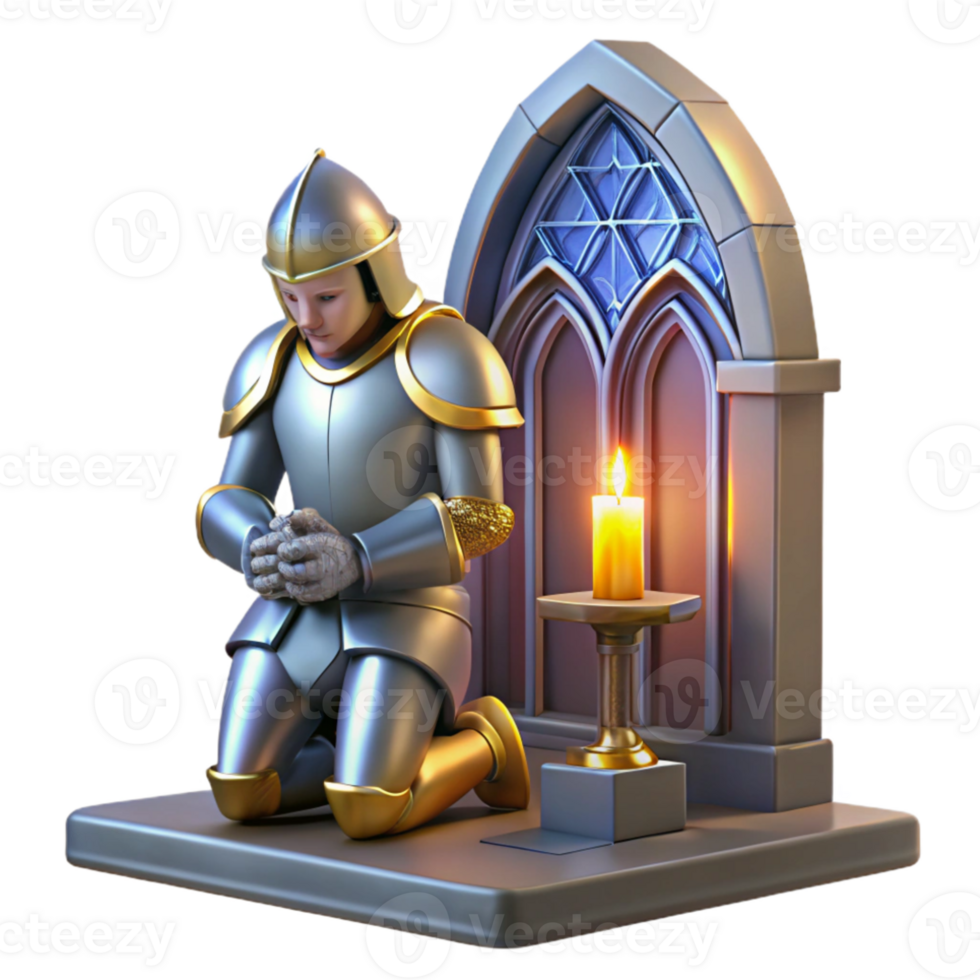 extraordinary contemporary A stoic knight in shining armor, kneeling before a sacred altar, bathed in the soft light of stained glass windows. Medieval fantasy, realistic style high quality png
