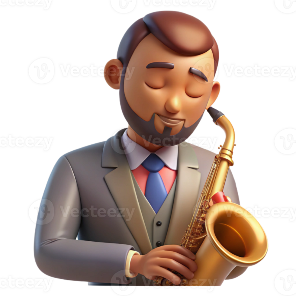 impressive classic Portrait of a charismatic musician with a saxophone, a soulful expression, and closed eyes, lit by dim jazz club lighting, Art Deco style authentic png