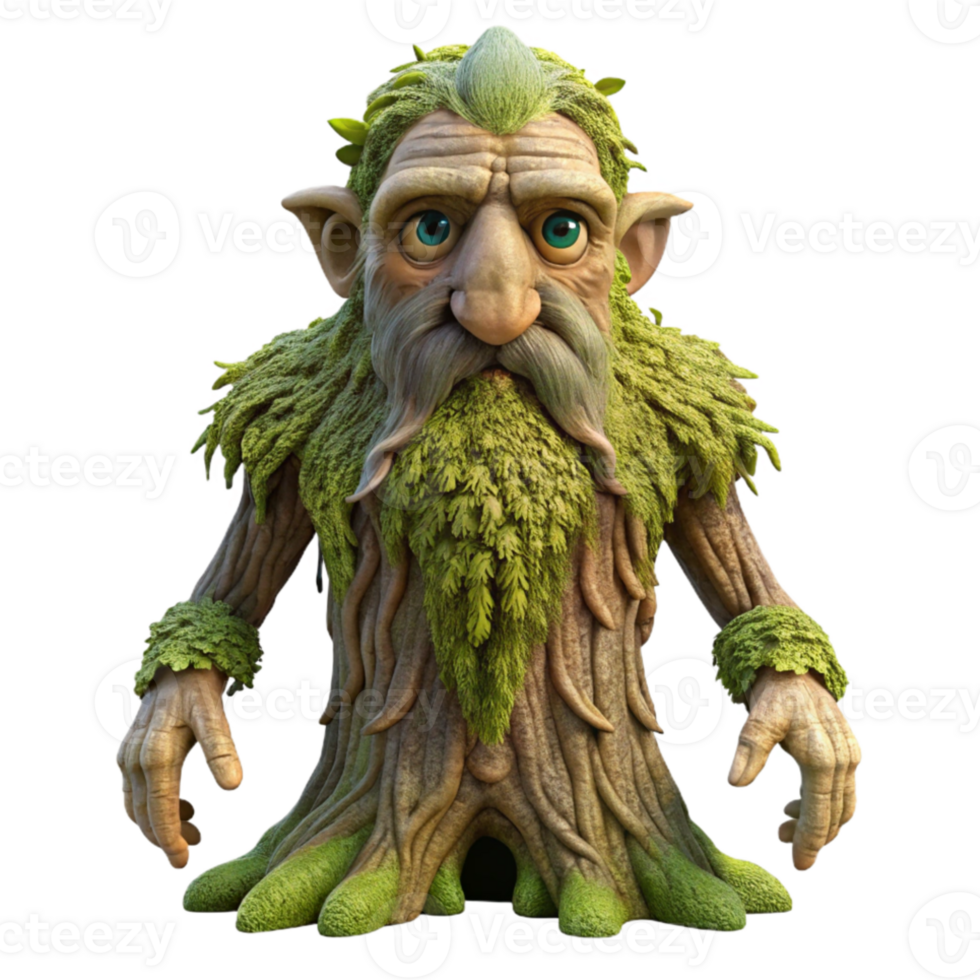 magnificent rustic A wise old treant with moss-covered bark, standing guard in an ancient forest, lit by dappled sunlight. Fantasy art, realistic rendering high quality png