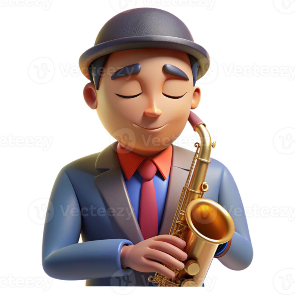 impressive modern Portrait of a charismatic musician with a saxophone, a soulful expression, and closed eyes, lit by dim jazz club lighting, Art Deco style premium png
