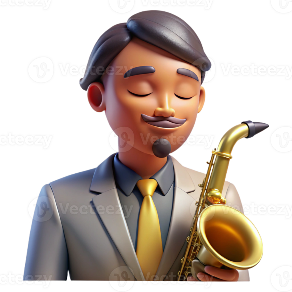 wonderful contemporary Portrait of a charismatic musician with a saxophone, a soulful expression, and closed eyes, lit by dim jazz club lighting, Art Deco style premium png