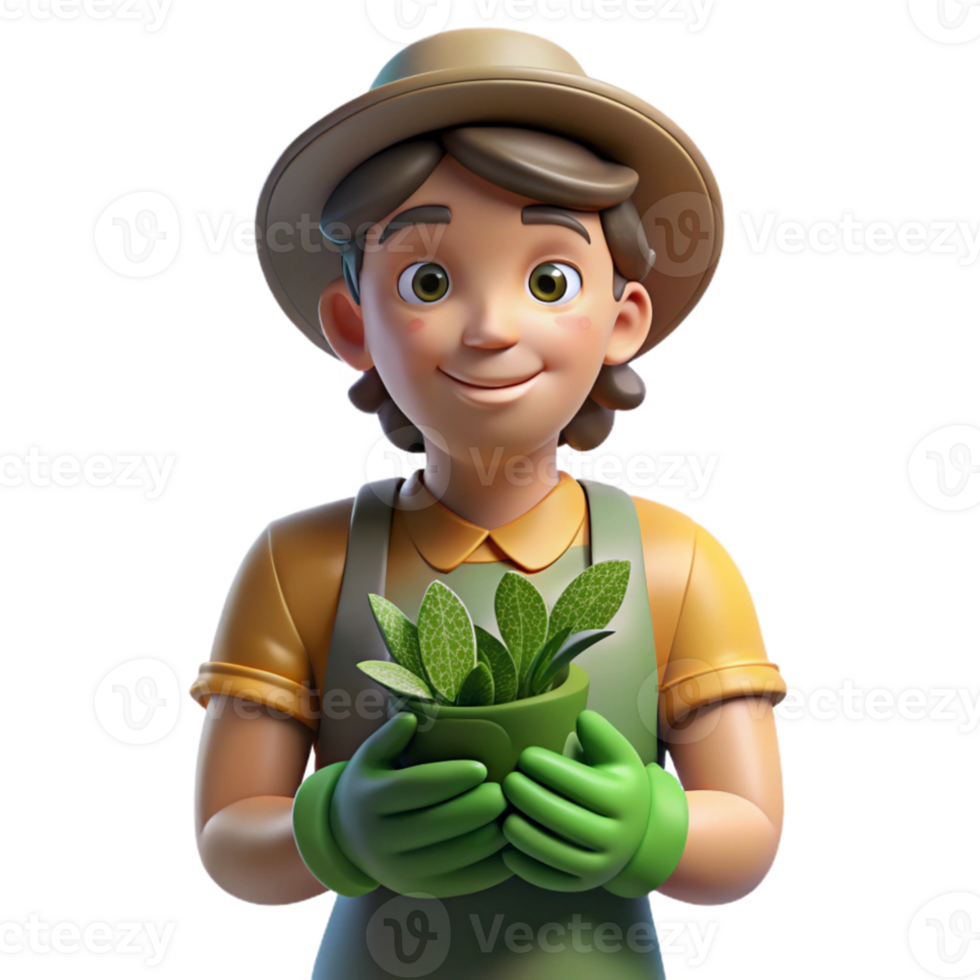 dramatic modern Portrait of a gardener with dirt on their hands and a peaceful expression, lit by sunlight filtering through leaves, in an impressionistic style detailed png