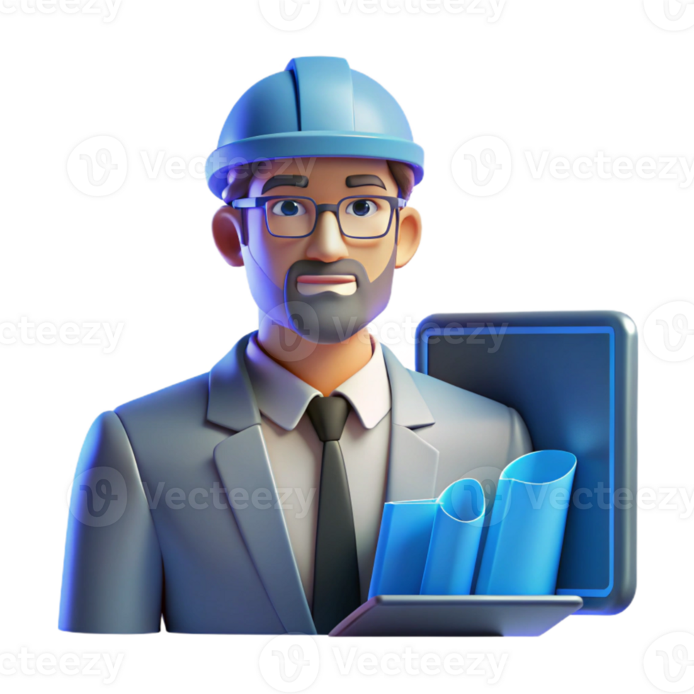 extraordinary artistic Portrait of an architect with blueprints, lit by the cool light of a computer screen, in a minimalist style authentic png