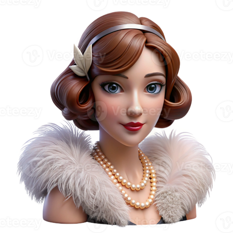 elegant minimalist Portrait of a glamorous flapper girl with bobbed hair and a feather boa, Art Deco lighting, vintage photography style high resolution png
