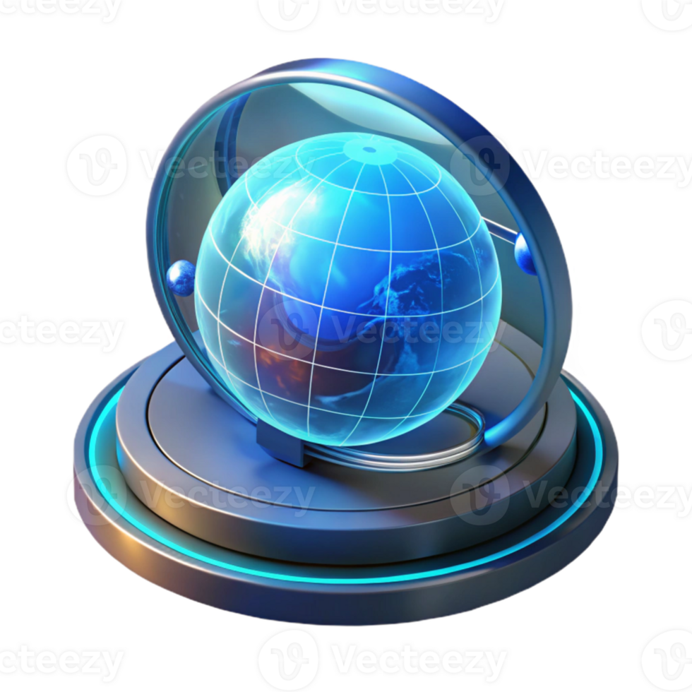 elegant traditional A futuristic, holographic display showing a rotating Earth with real-time data visualizations, illuminated by a cool blue light, in a global data visualization style authentic png