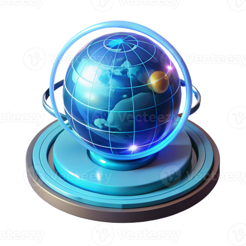 magnificent modern A futuristic, holographic display showing a rotating Earth with real-time data visualizations, illuminated by a cool blue light, in a global data visualization style exclusive png