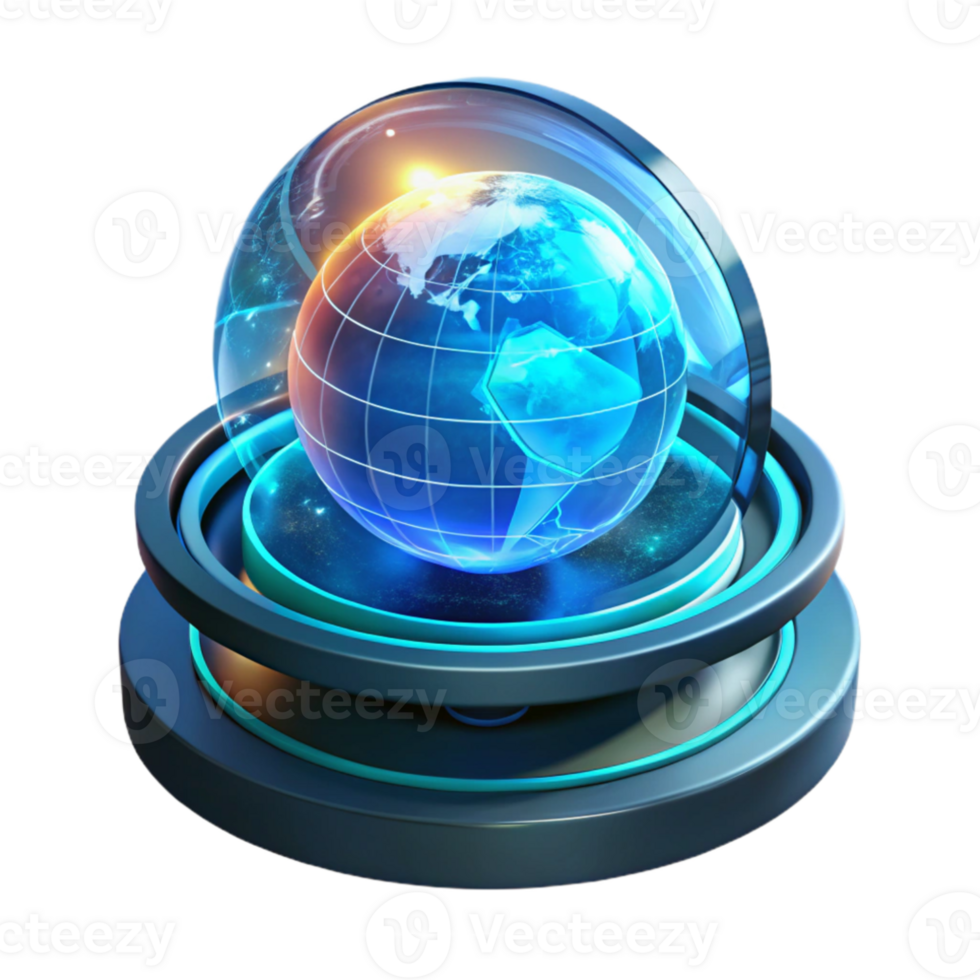 wonderful abstract A futuristic, holographic display showing a rotating Earth with real-time data visualizations, illuminated by a cool blue light, in a global data visualization style exclusive png