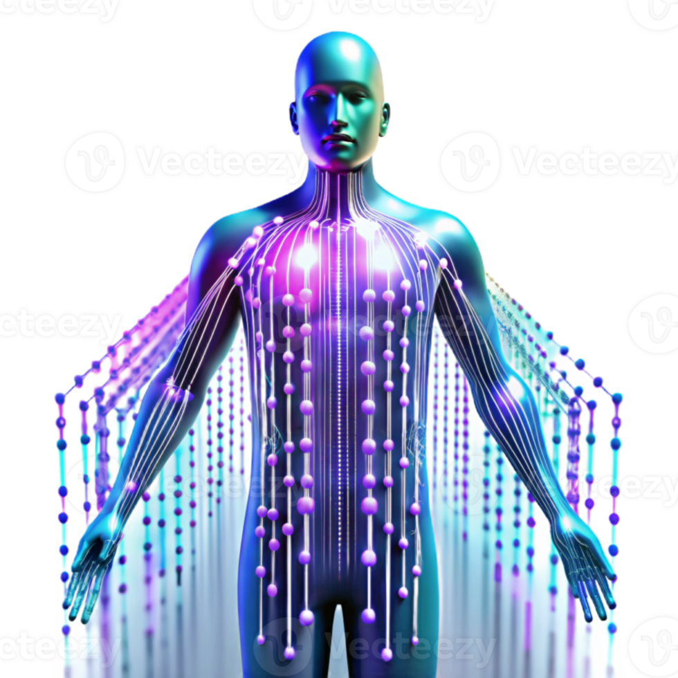 dramatic rustic A stream of binary code flowing through a transparent, human-like figure, illuminated by a vibrant, multicolored light show, in a digital art style high quality png