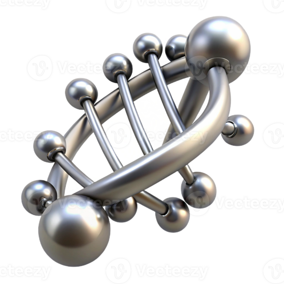 beautiful contemporary A sleek, silver nanobot swarm forming the shape of a DNA double helix, illuminated by microscopic lasers, scientific visualization style authentic png
