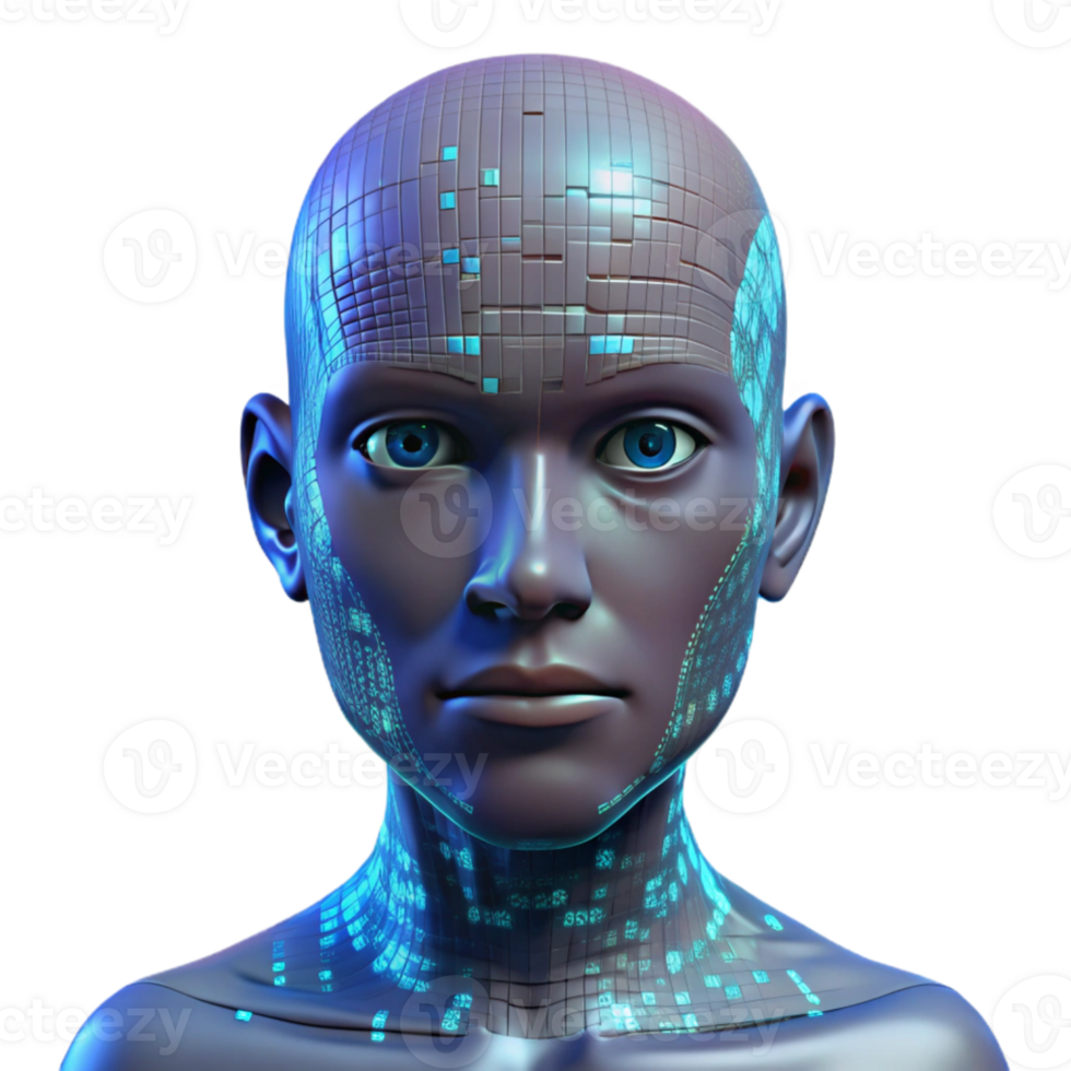 magnifique classique une numérique représentation de une Humain affronter, composé de binaire code, glitch et déformant, cyberpunk style original png