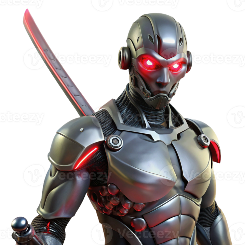 serene abstract A cyborg with glowing red eyes, holding a futuristic katana, intricate circuitry visible beneath their damaged skin. Cyberpunk style, cinematic lighting original png