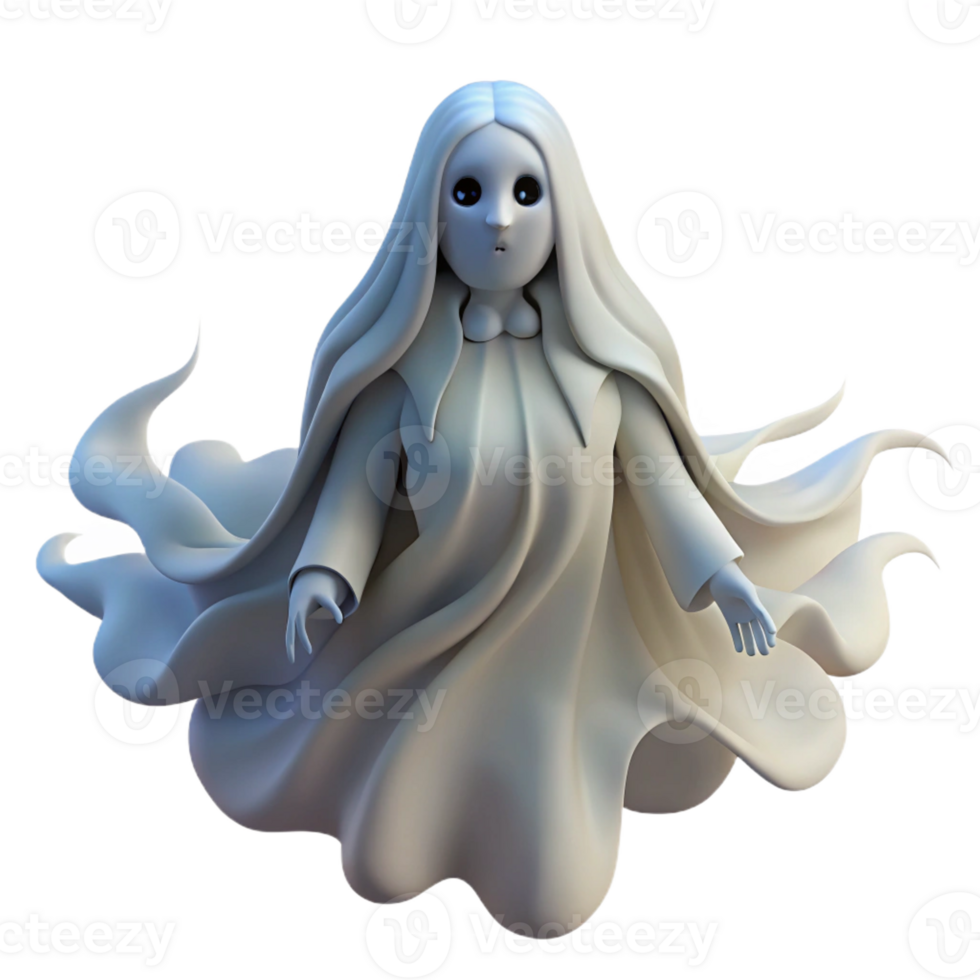 extraordinary contemporary A ghostly figure floating in a dark forest, shrouded in mist, with a pale face and long, flowing hair. Romantic horror style detailed png
