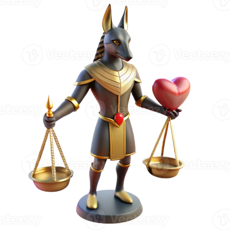 serene contemporary A mysterious Anubis with a jackal head and human body, weighing a heart on a scale, Egyptian style, shadowy lighting professional png