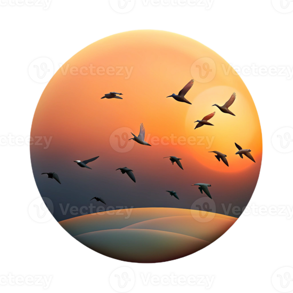stunning artistic A flock of birds migrating across a sunset sky, silhouette, minimalist style exclusive png